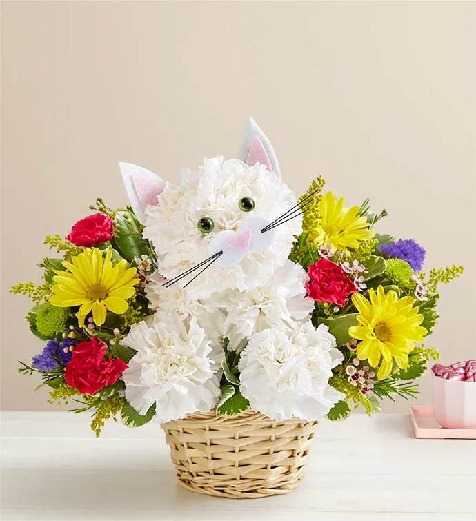 Cat-shaped flower arrangement in a wicker basket with bright daisies and carnations
