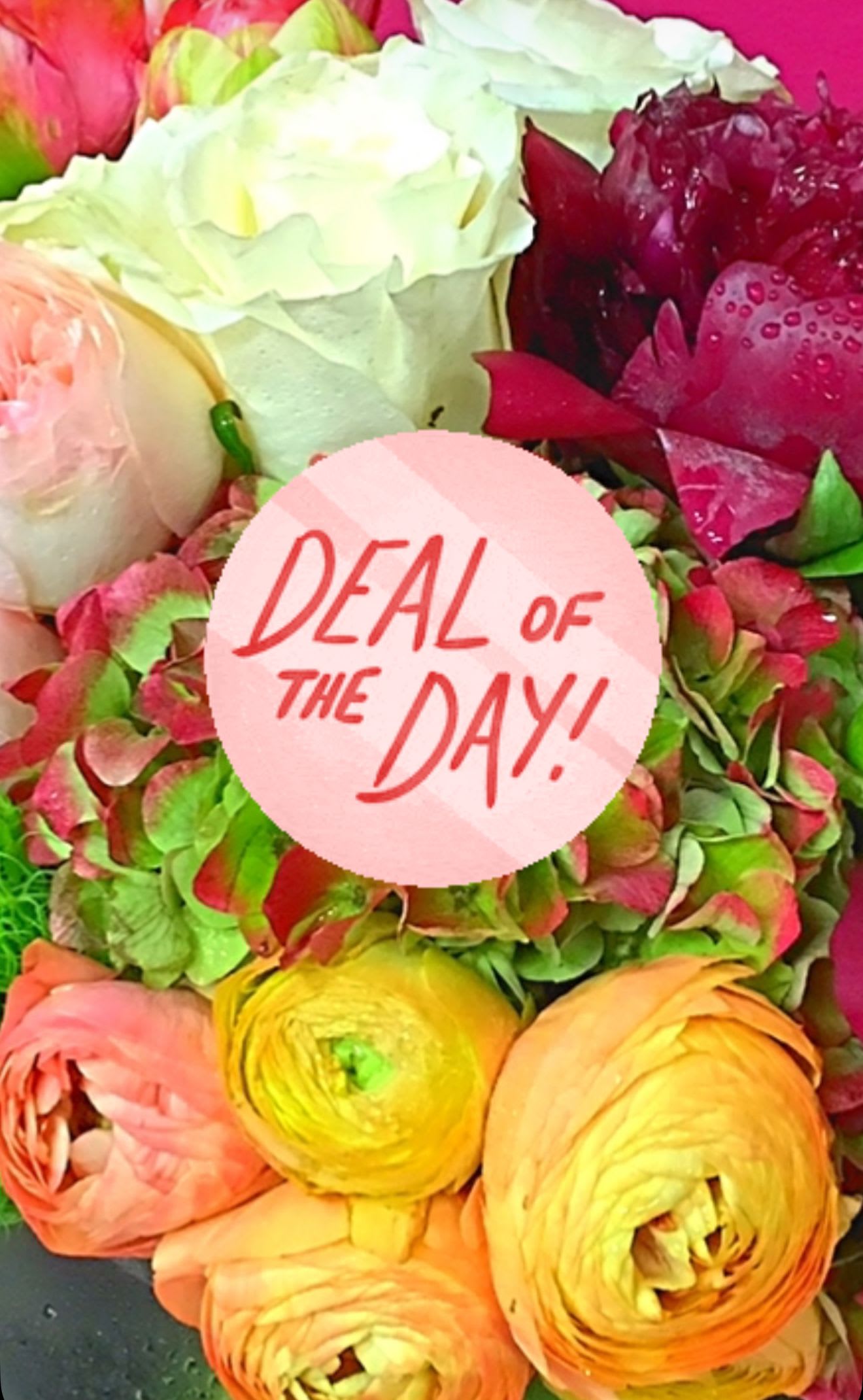 Colorful bouquet with ranunculus and hydrangea, topped by a "Deal of the Day" tag