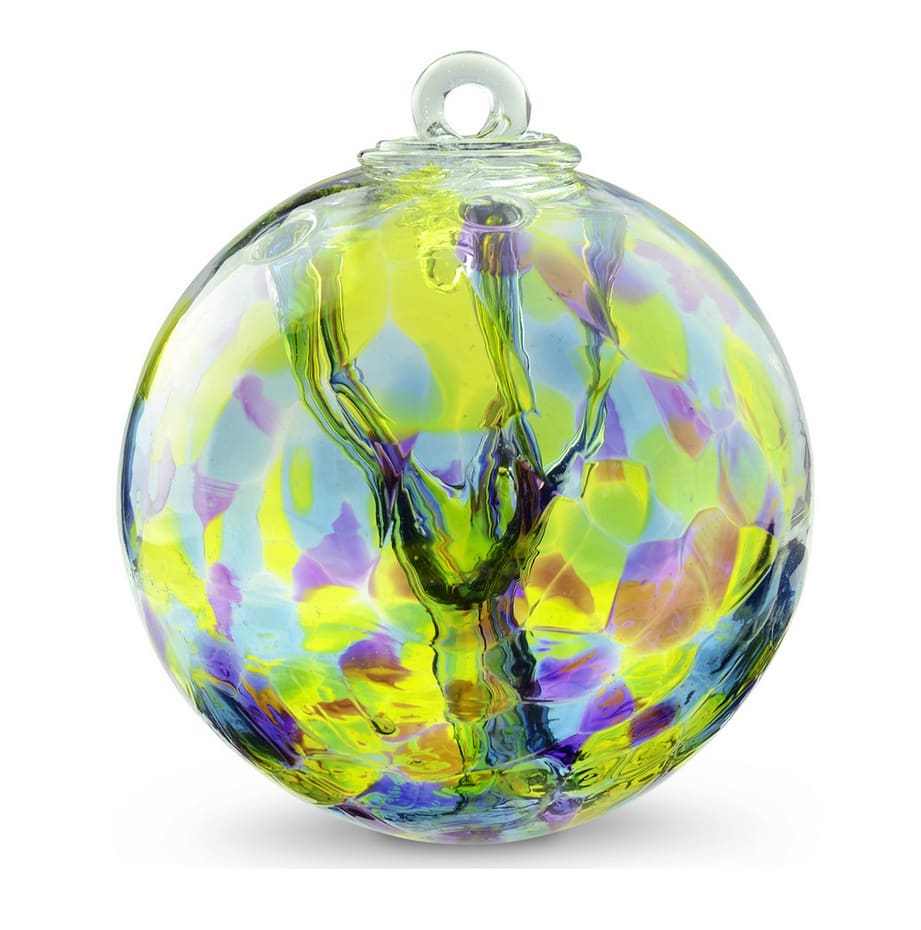 Colorful glass orb ornament with a hanging loop