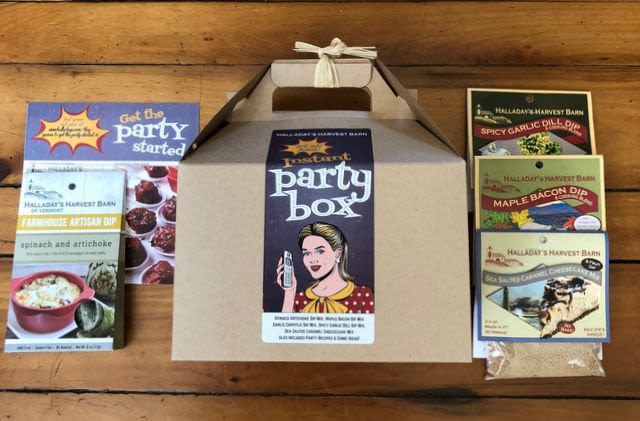 'Instant Party' Gift Box - Introducing our new Party In A Box! Just add friends. The box includes great Harvest Barn mixes to make party prep a breeze, recipes, and fun party game suggestions!  Includes:     Spinach Artichoke Farmhouse Artisan Dip Mix     Maple Bacon Dip &amp; Seasoning Blend     Garlic Chipotle Dip &amp; Seasoning Blend     Spicy Garlic Dill Dip &amp; Seasoning Blend     Sea Salted Caramel Cheesecake Mix     Party Recipes     Game Ideas