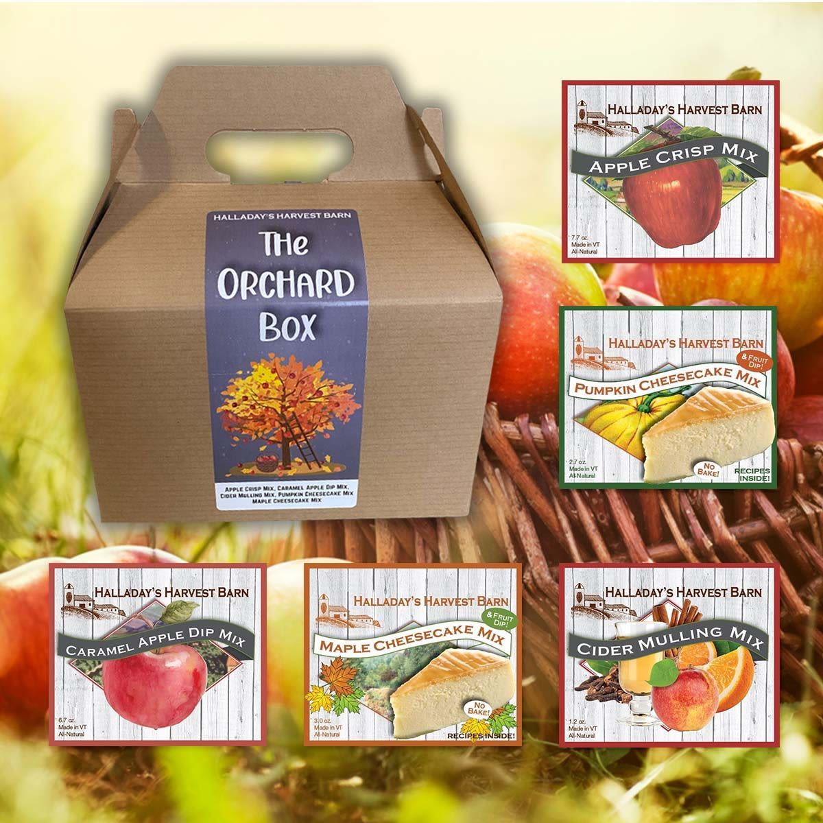'The Orchard' Gift Box - The perfect selection of mixes for autumn and after a day at the orchard.  Includes:     Apple Crisp Mix     Caramel Apple Dip Mix     Cider Mulling Mix     Pumpkin Cheesecake Mix     Maple Cheesecake Mix