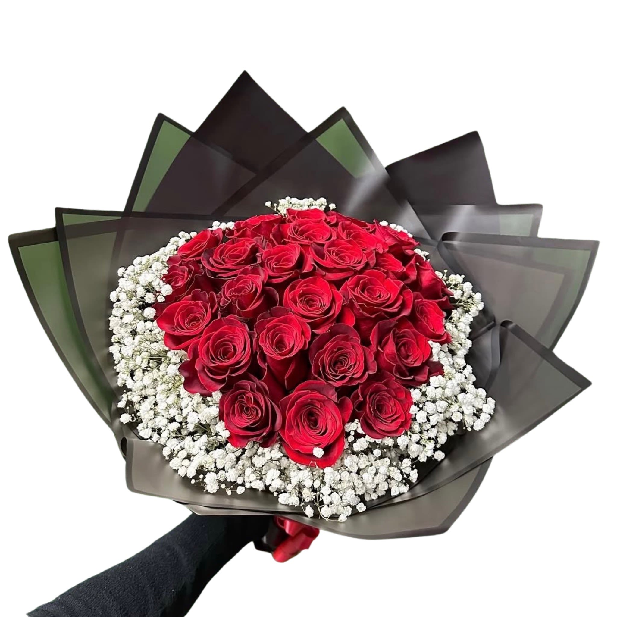 25 Kisses to You With Babies Breath - 25 of our premium red roses wrapped with babies breath all around. Accompanied by modern wrap.  Upgrade your bouquet with a banner of 2 to 3 words to say what is in your heart.  (Banner Sold Separately) Wrapping paper might change upon availability to match flowers. 