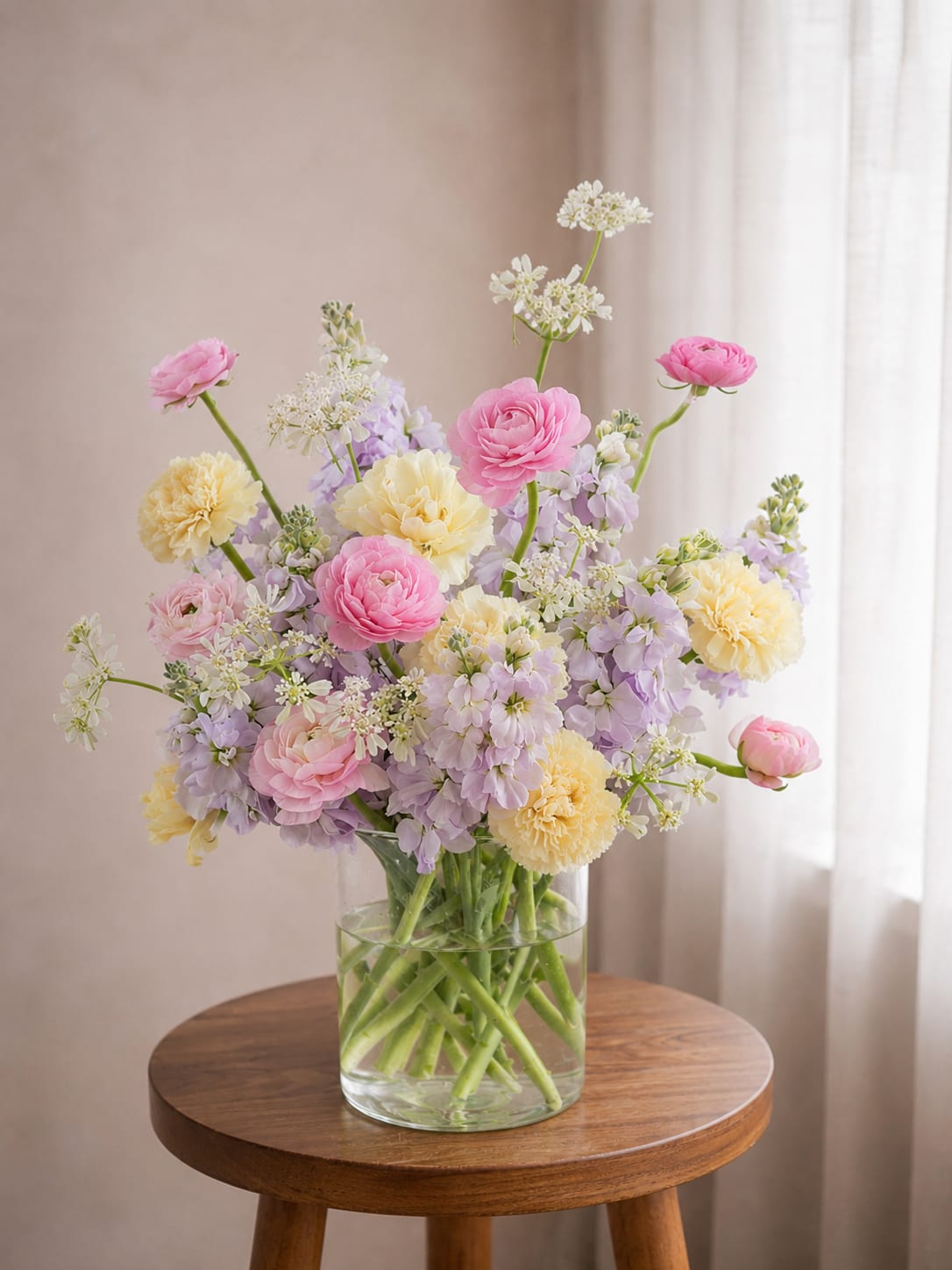 Pink and yellow flowers arranged in a clear glass vase