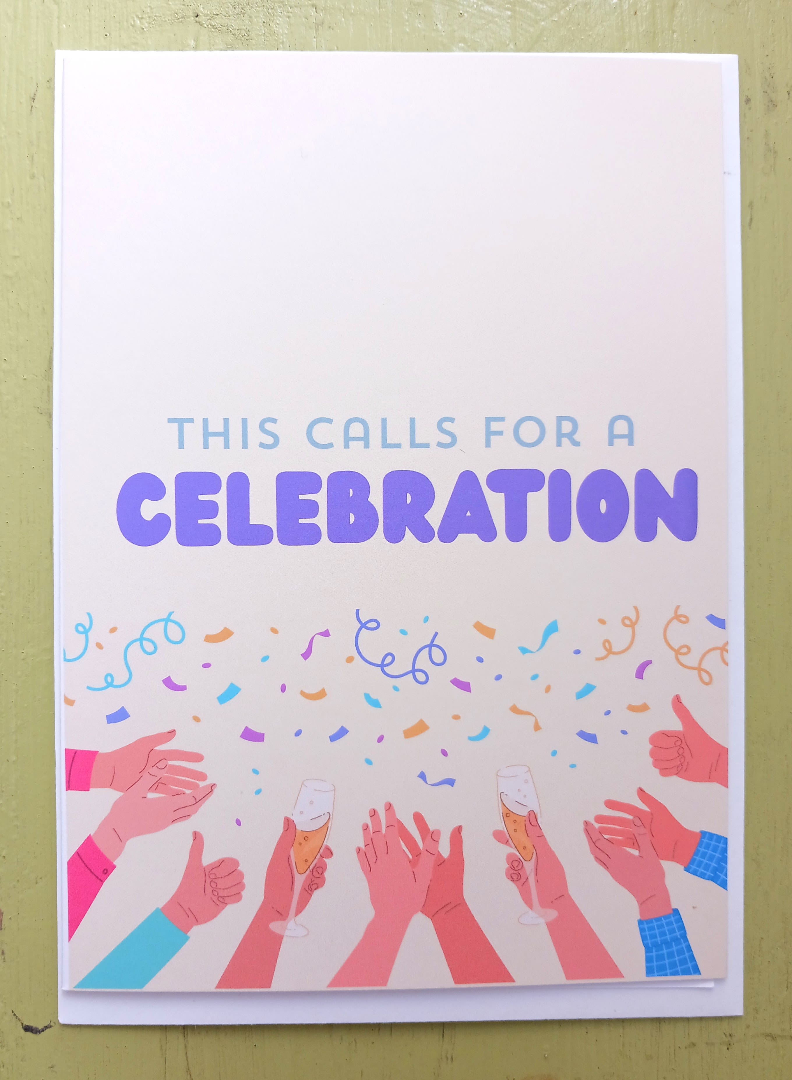 Celebration greeting card with colorful confetti and hands raising champagne glasses