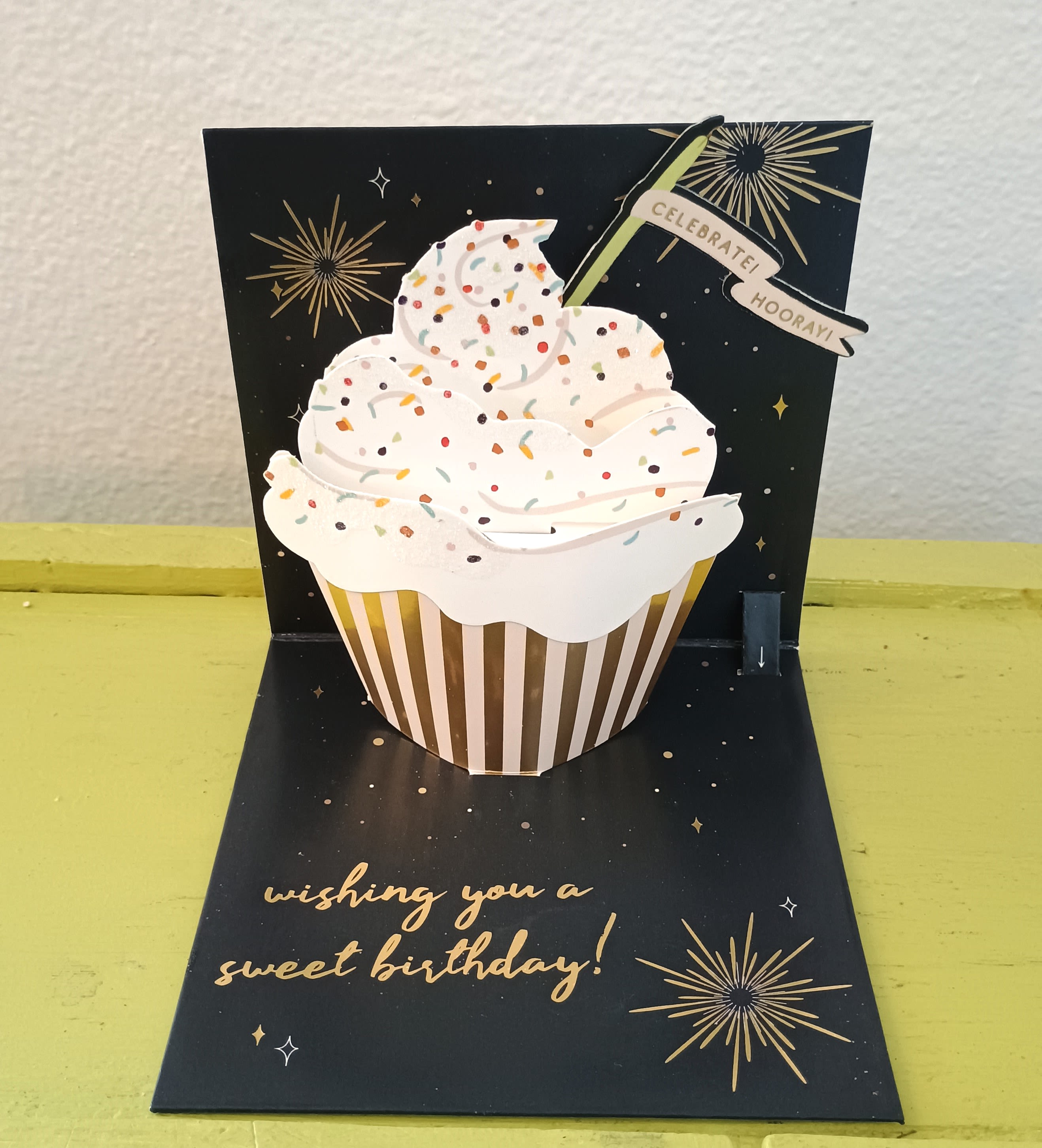 Pop-up birthday card with a cupcake and gold fireworks accents