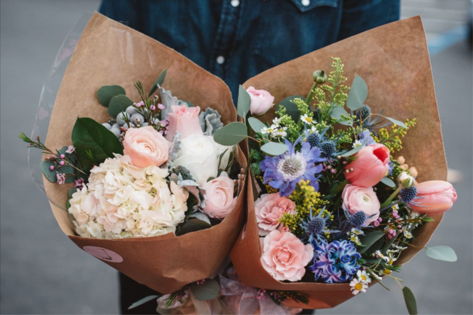 Two wrapped bouquets with pastel flowers and mixed blooms