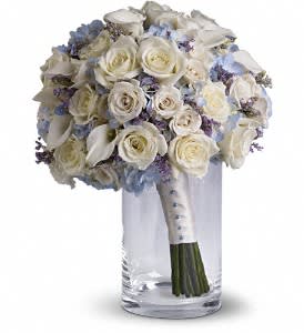 Lady Grace Bouquet - Full of classic charm, this country-inspired bouquet features delicate limonium among light blue hydrangea, white roses and mini callas.  Lavender limonium, light blue hydrangea, white roses and miniature callas.  Approximately 11 1/2" W x 14 1/2" H  Orientation: N/A