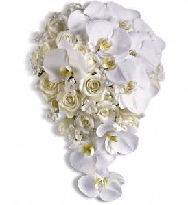 Style and Grace Bouquet - This lovely bouquet is the epitome of elegance, featuring graceful orchids, fragrant stephanotis and classic white roses.  Beautiful white orchids, roses and stephanotis.  Approximately 12 1/2" W x 18 1/4" H  Orientation: N/A