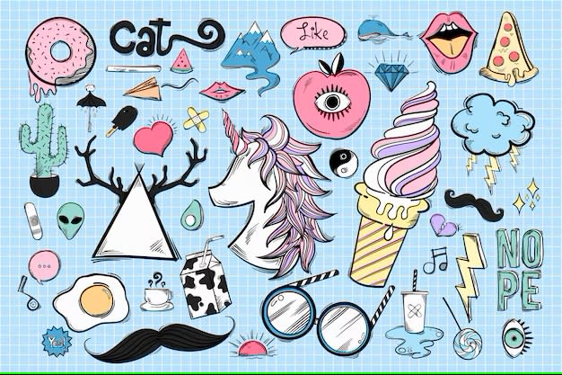 Colorful doodle collage with a unicorn, cactus, donut, and other icons