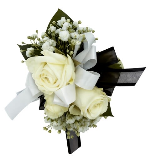 White Rose Corsage   by Chandler Flowers - A classic white corsage that compliments any suit. A perfect addition for any prom, formal, or wedding event. 
