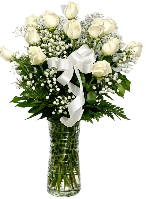 Dozen Long Stemmed White Roses with Baby's Breath - These dozen white roses with baby's breath are a classic! The perfect romantic gift for Mom, an anniversary, birthday, or just to say "I like you a lot!" 