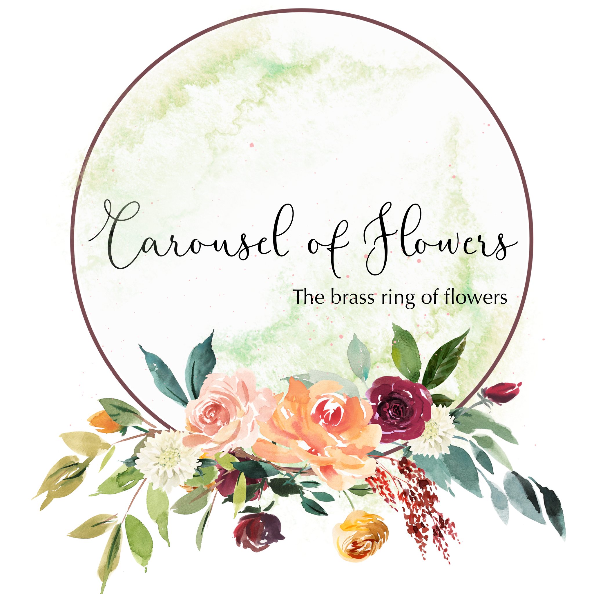 Watercolor floral logo with roses around a circular frame