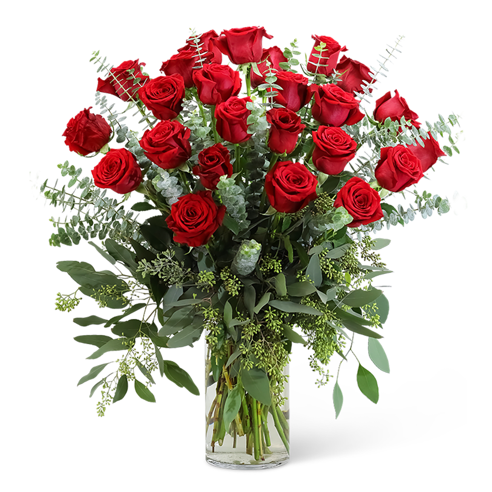 Red Roses with Eucalyptus Foliage (24) - Red roses have always been the symbol of love and romance, and continue to be the best way to send your love. Red Roses with Eucalyptus Greens takes the old classic to the next level. Two dozen red roses, along with fashionable Eucalyptus greens, are sure to make a bold statement of love for your special someone. Say I love you with this perfectly romantic anniversary gift. 