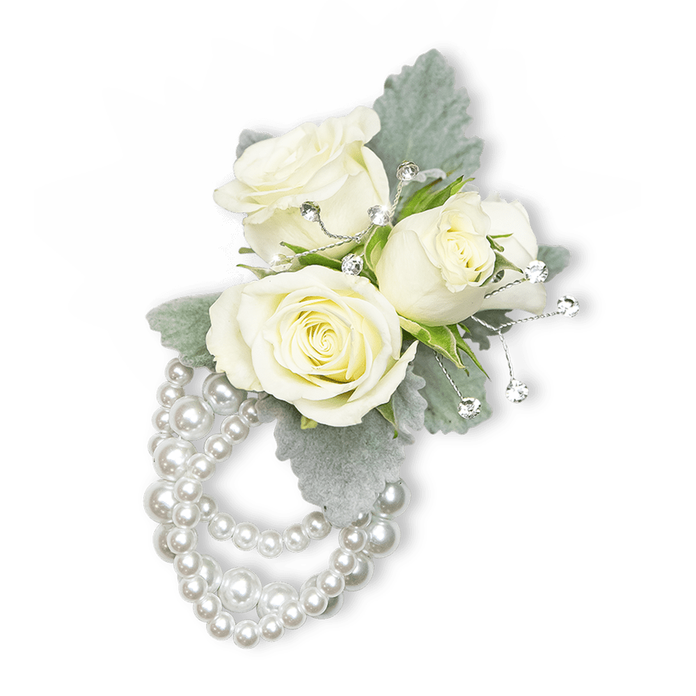 White rose corsage with pearl strands and silver accents