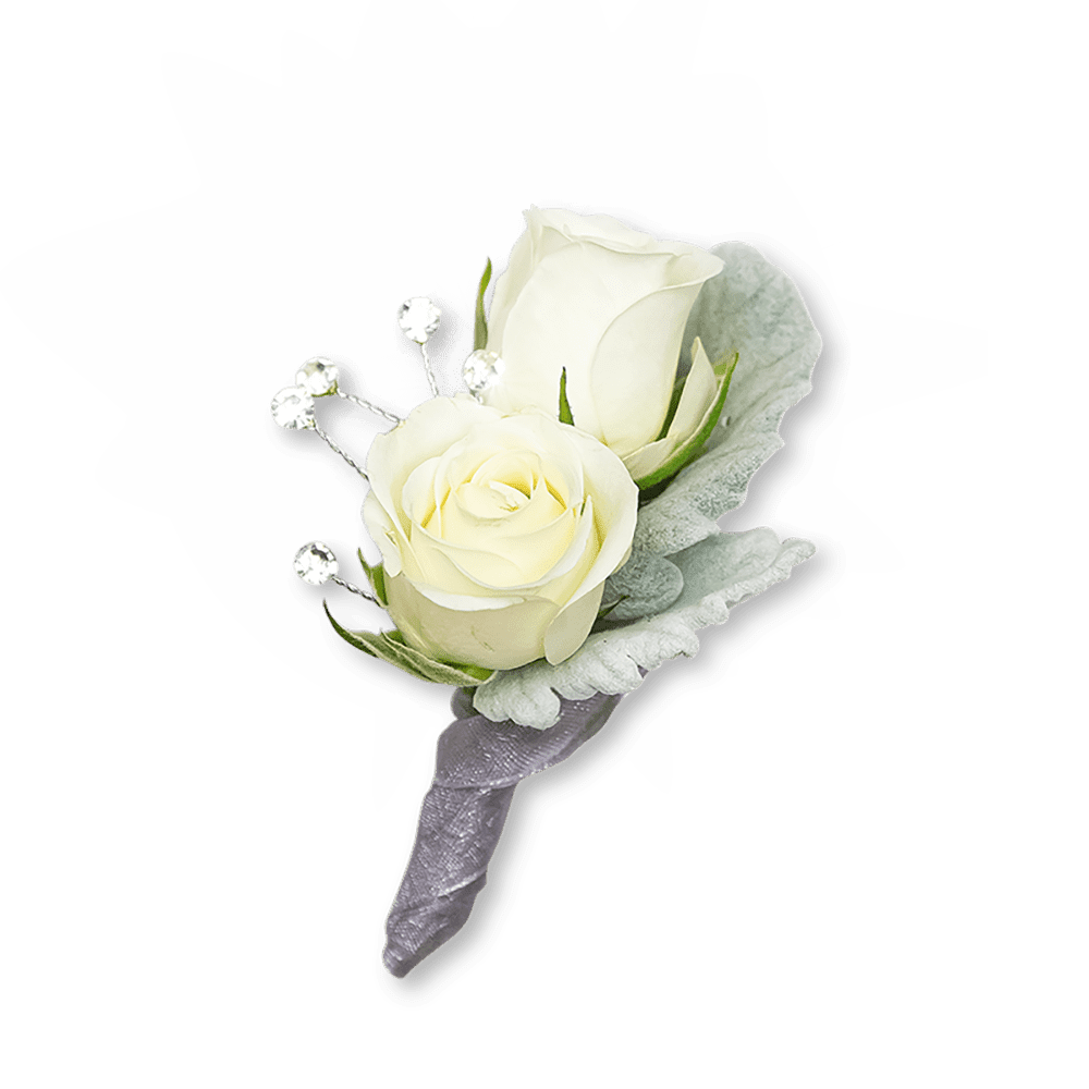 Virtue Boutonniere - Our Virtue Boutonniere will leave a lasting impression and is the perfect accent to your formal attire. Virtue features small white roses, soft foliage, and rhinestones.