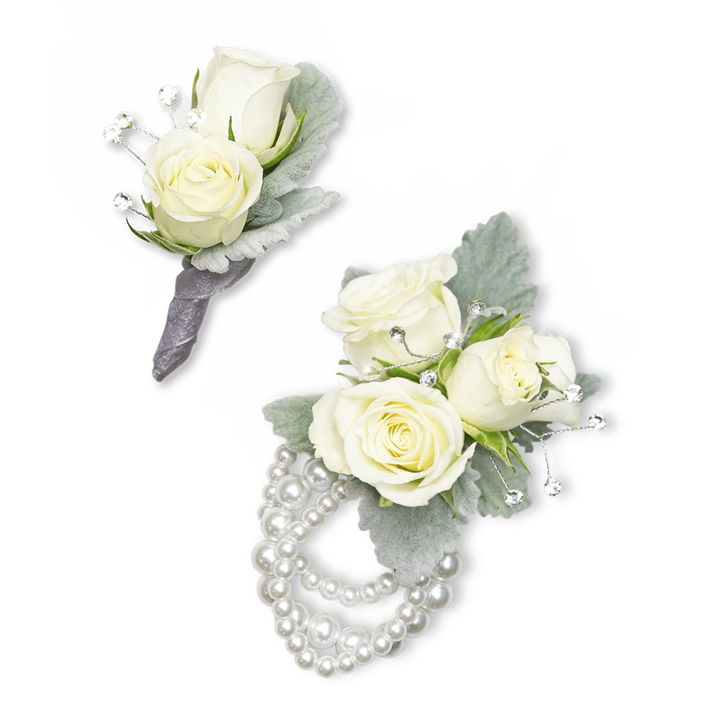 White rose boutonnieres with pearl accents and silver ribbon