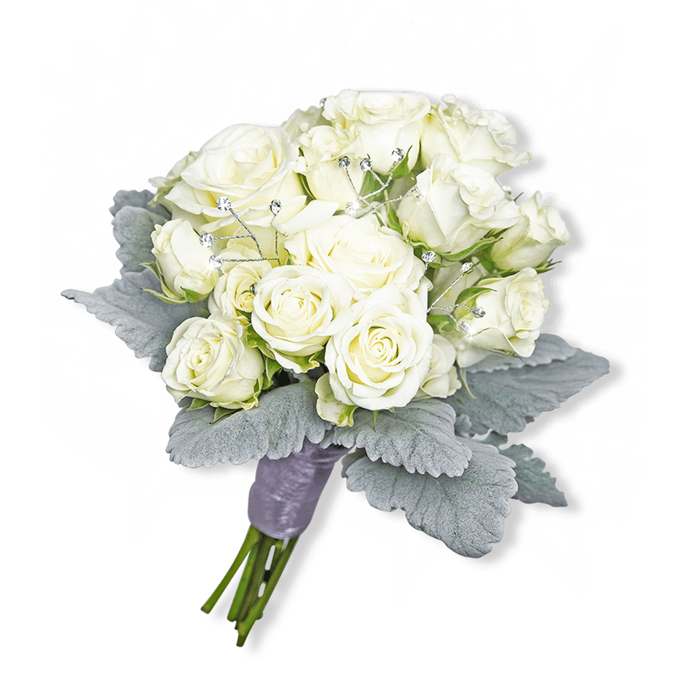 Bouquet of white roses with silver-gray leaves and a purple wrapped handle