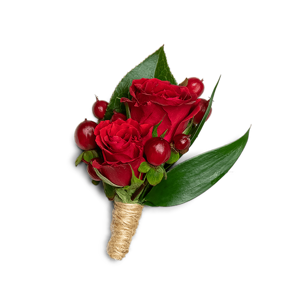 Red rose boutonniere with berries and green leaves