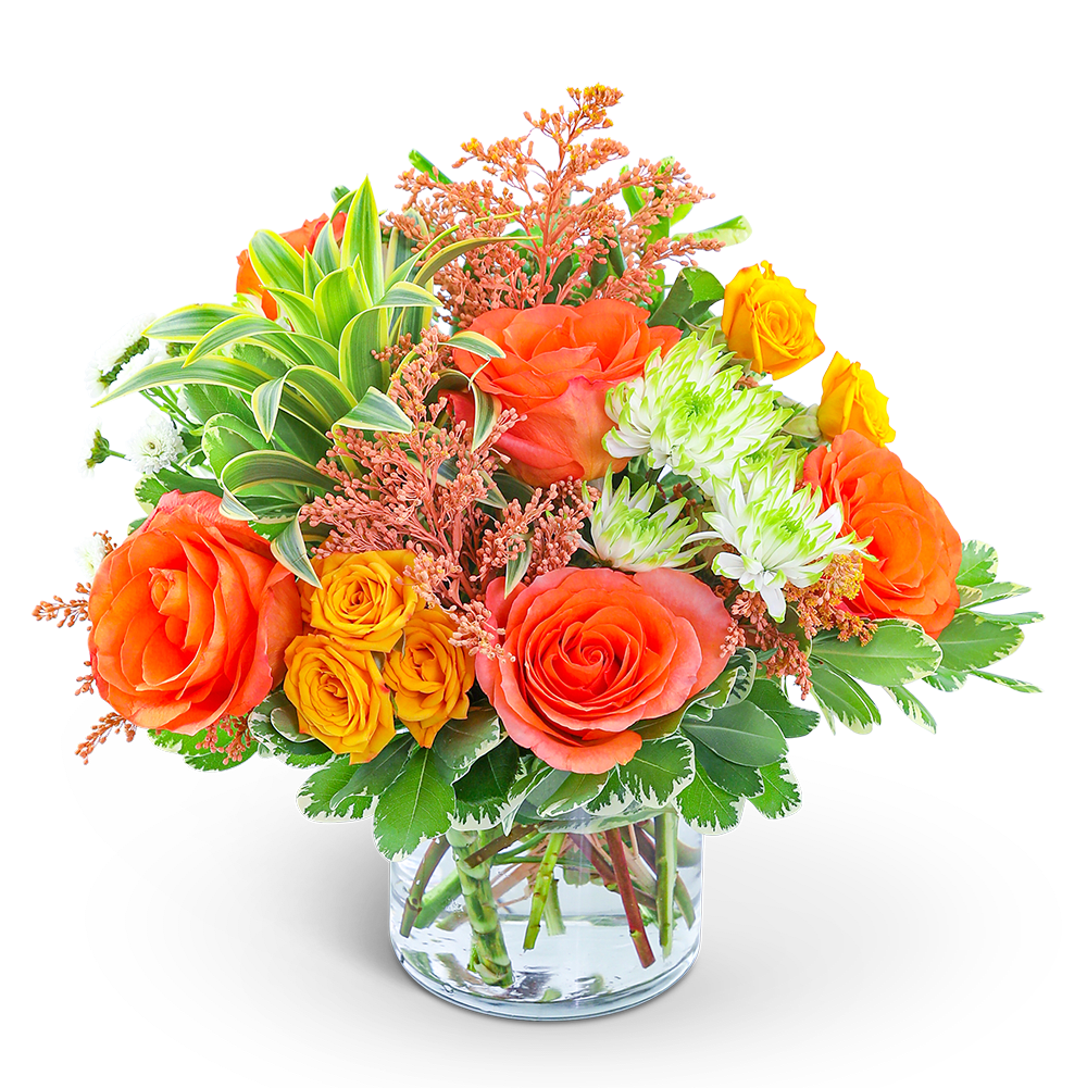 Key West Sunshine - The vibrant tropical shades in this bouquet will brighten anyone’s day! Key West Sunshine features Roses, Mums, Solidago, and is accented with premium foliage. This arrangement will be a perfect gift for an anniversary, birthday, or any occasion. The Key West Sunshine Bouquet of flowers offers the perfect mix of color, texture, and aroma to make any celebration truly memorable!