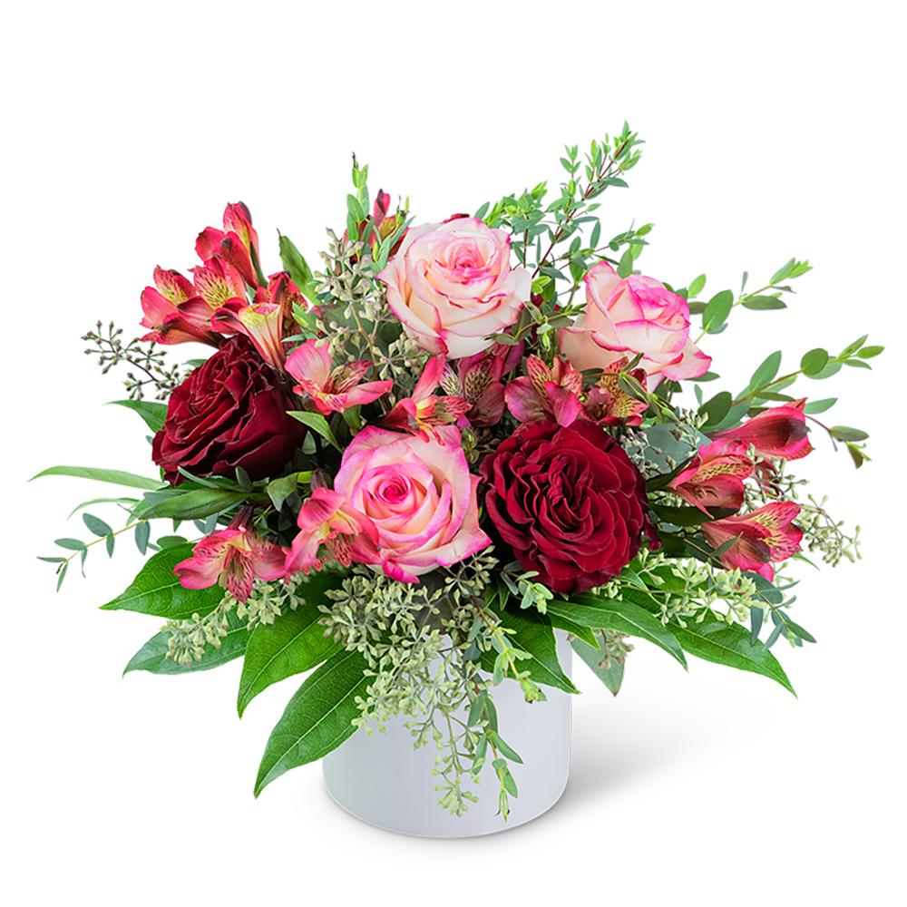 Pink and burgundy roses in a white vase with mixed greenery