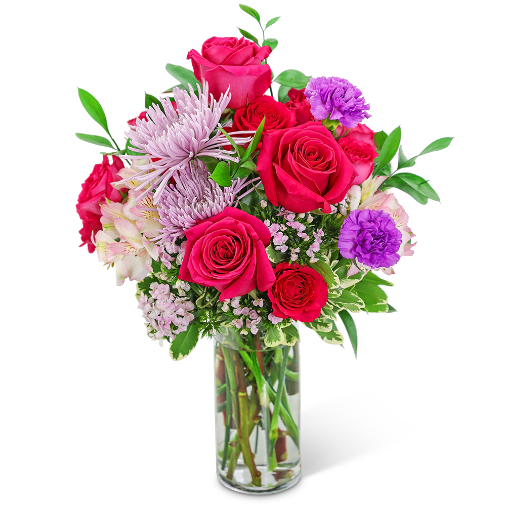 Cosmo Kiss - If you’re looking for an easy way to brighten someone’s day, this is it! Cosmo Kiss has a combination of bright pink roses, carnations, alstroemeria, and beautiful fresh foliage in a clear vase. This chic bouquet will light up any room or space and is the perfect gift for any occasion.