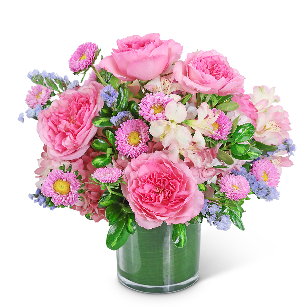 Cloud Nine Luxe - Send your love with this beautiful design, perfect for a birthday, new baby, or romantic gift. Cloud Nine Luxe features pink roses, Alstroemeria, and Hydrangea designed in a leaf-lined vase for a delicate look that will make anyone smile. This unique flower design adds the perfect extra pop of pastel color! We can offer same-day flower delivery in most cases. If you are sending the bouquet directly to your recipient, please provide the complete address and contact information so that we can deliver the flowers directly to them.