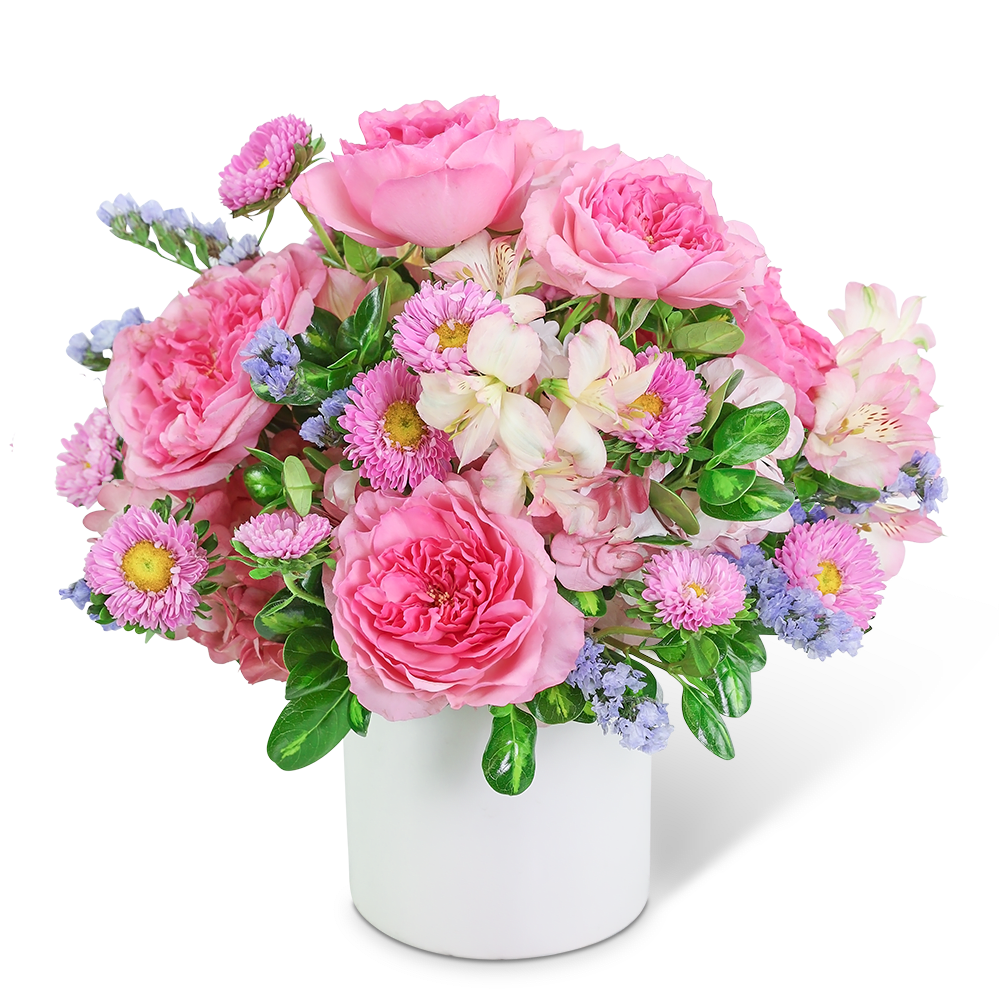 Lush Pink Garden - Send your love with this beautiful design, perfect for a birthday, new baby, or romantic gift. Lush Pink Garden features pink roses, Alstroemeria, and Hydrangea designed in a white cylinder for a delicate look that will make anyone smile. This unique flower design adds the perfect extra pop of pastel color! We can offer same-day flower delivery in most cases. If you are sending the bouquet directly to your recipient, please provide the complete address and contact information so that we can deliver the flowers directly to them.