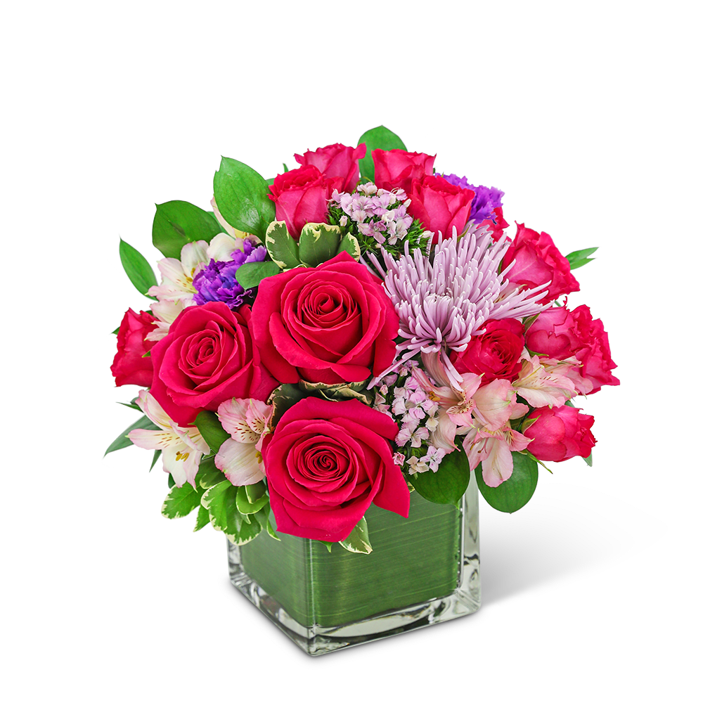Cosmopolitan Glow - If you’re looking for an easy way to brighten someone’s day, this is it! Cosmopolitan Glow has a combination of bright pink roses, alstroemeria, and beautiful fresh foliage in a leaf-lined vase. This chic bouquet will light up any room or space and is the perfect gift for any occasion.