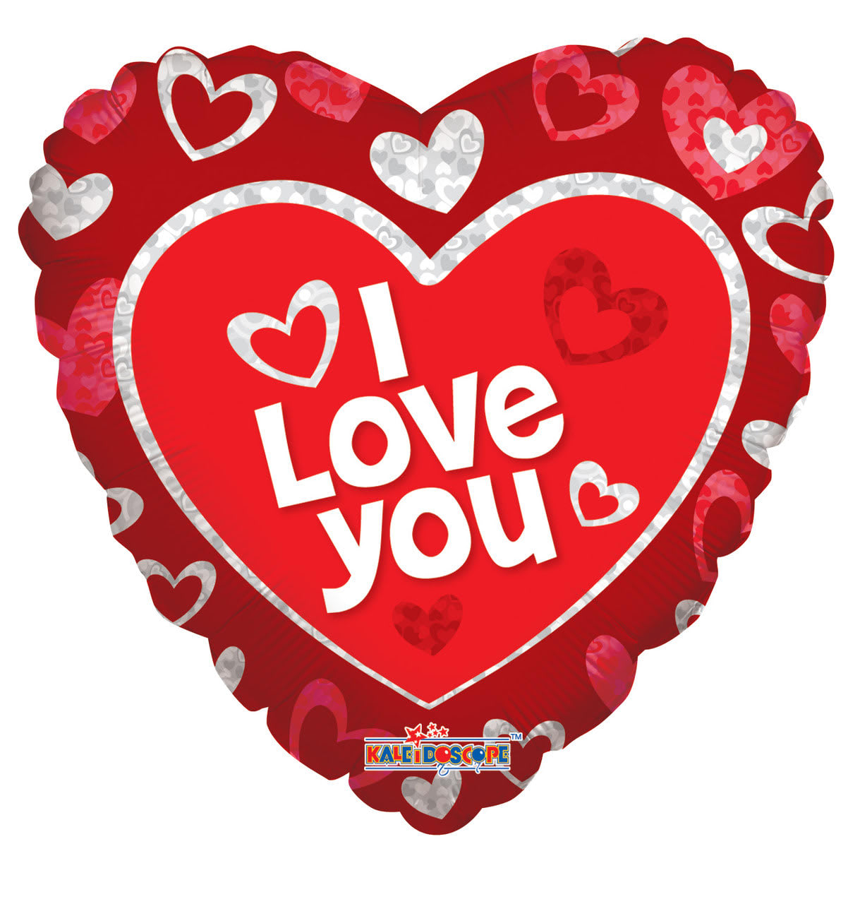 Heart-shaped red balloon with "I Love You" text and heart patterns