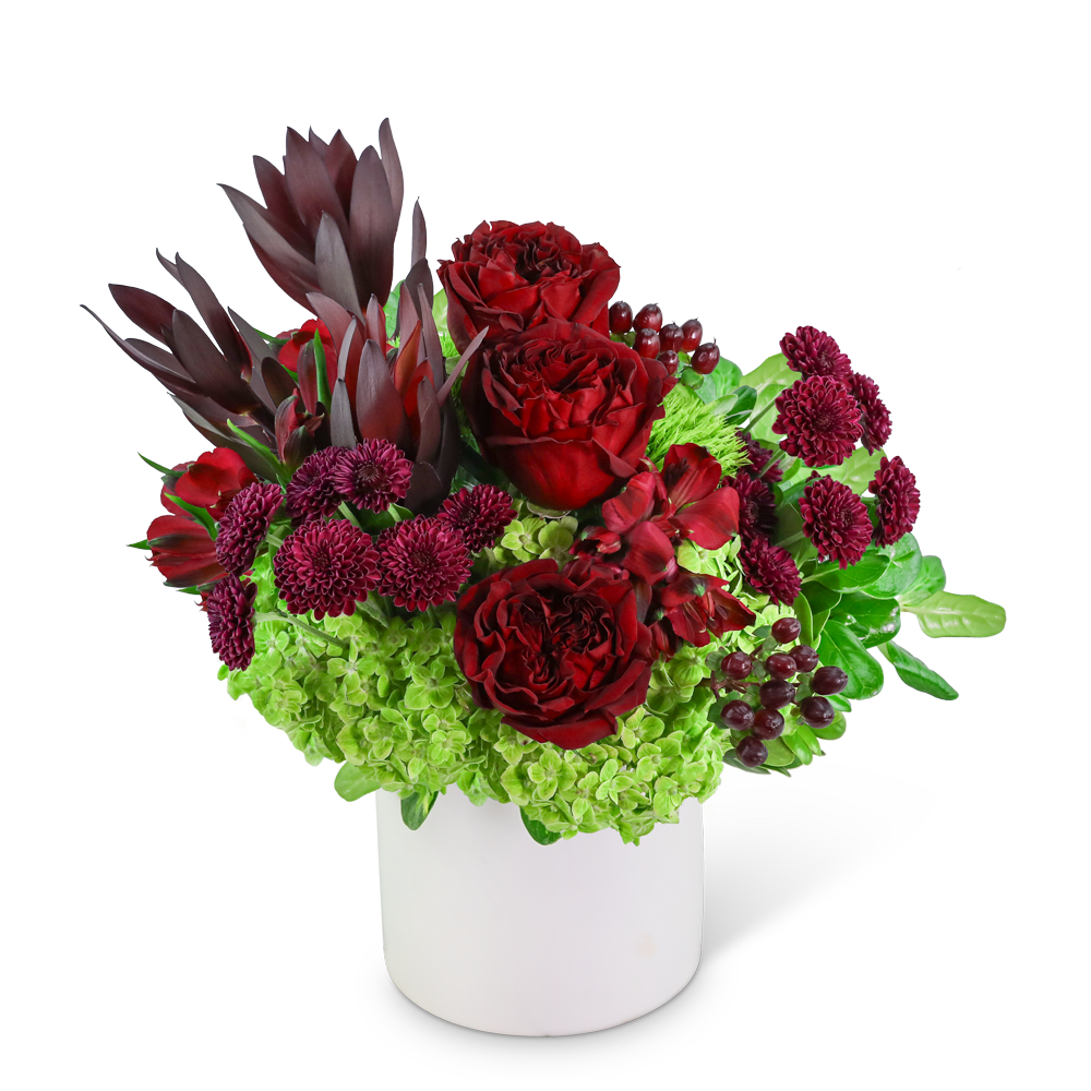 Red roses and burgundy flowers in a white vase