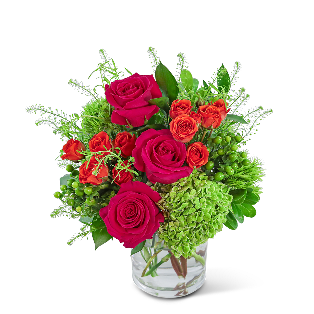 Chic Citrus Blooms - Chic Citrus Blooms will bring a burst of vibrant energy with its exquisite combination of hot pink, orange, and green hues. This stunning floral arrangement, set in a clear vase, features a blend of Roses, Green Trick Dianthus, Hydrangea, and Hypericum Berry, accented with premium foliage. It makes the perfect birthday or get-well gift, with its cheerful charm.
