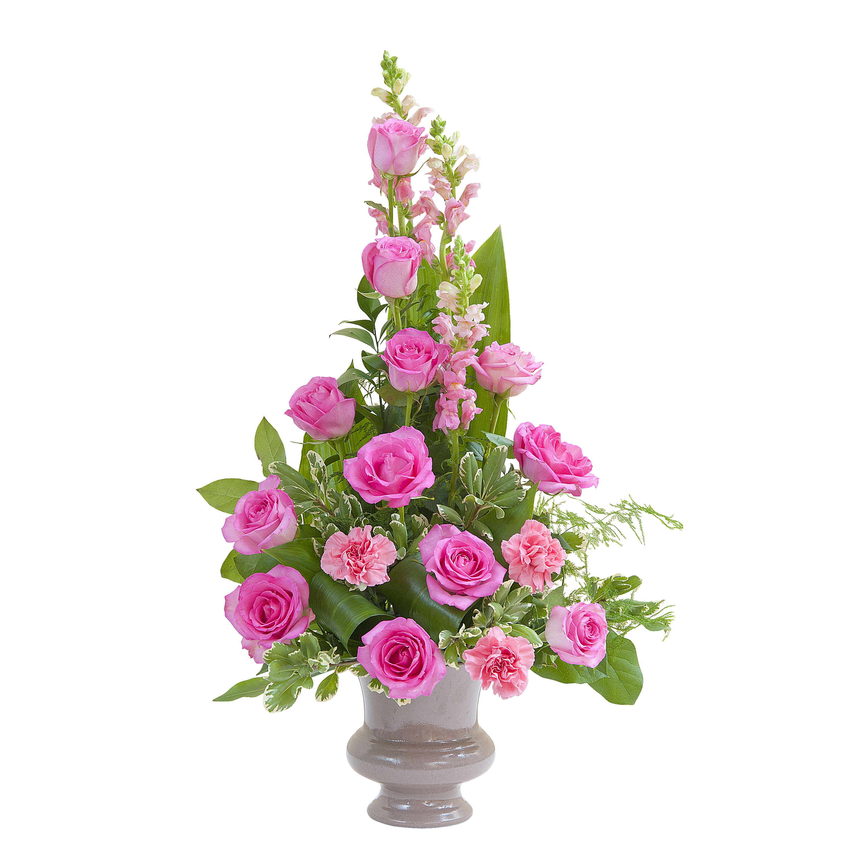 Peaceful Pink Small Urn - Simple beautiful combination of Roses, Carnations and Snapdragons.	Approximately 12" wide by 24" high