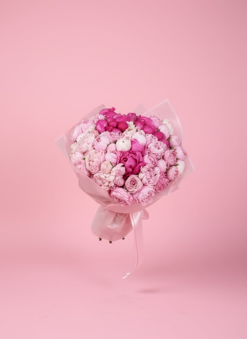 Pink Heaven  - A breathtaking arrangement of lush pink peonies, delicate spray roses, and soft garden blooms, beautifully wrapped in elegant blush paper and finished with a satin ribbon. Designed to make a statement, this luxurious bouquet is the perfect expression of love, celebration, and appreciation. Whether it’s for a birthday, anniversary, baby shower, or just because, this timeless arrangement brings elegance and beauty to every occasion.