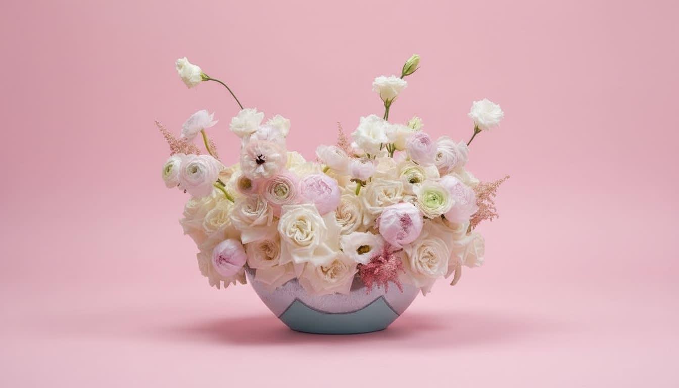 Pastel bouquet of white and pink flowers in a low decorative vase