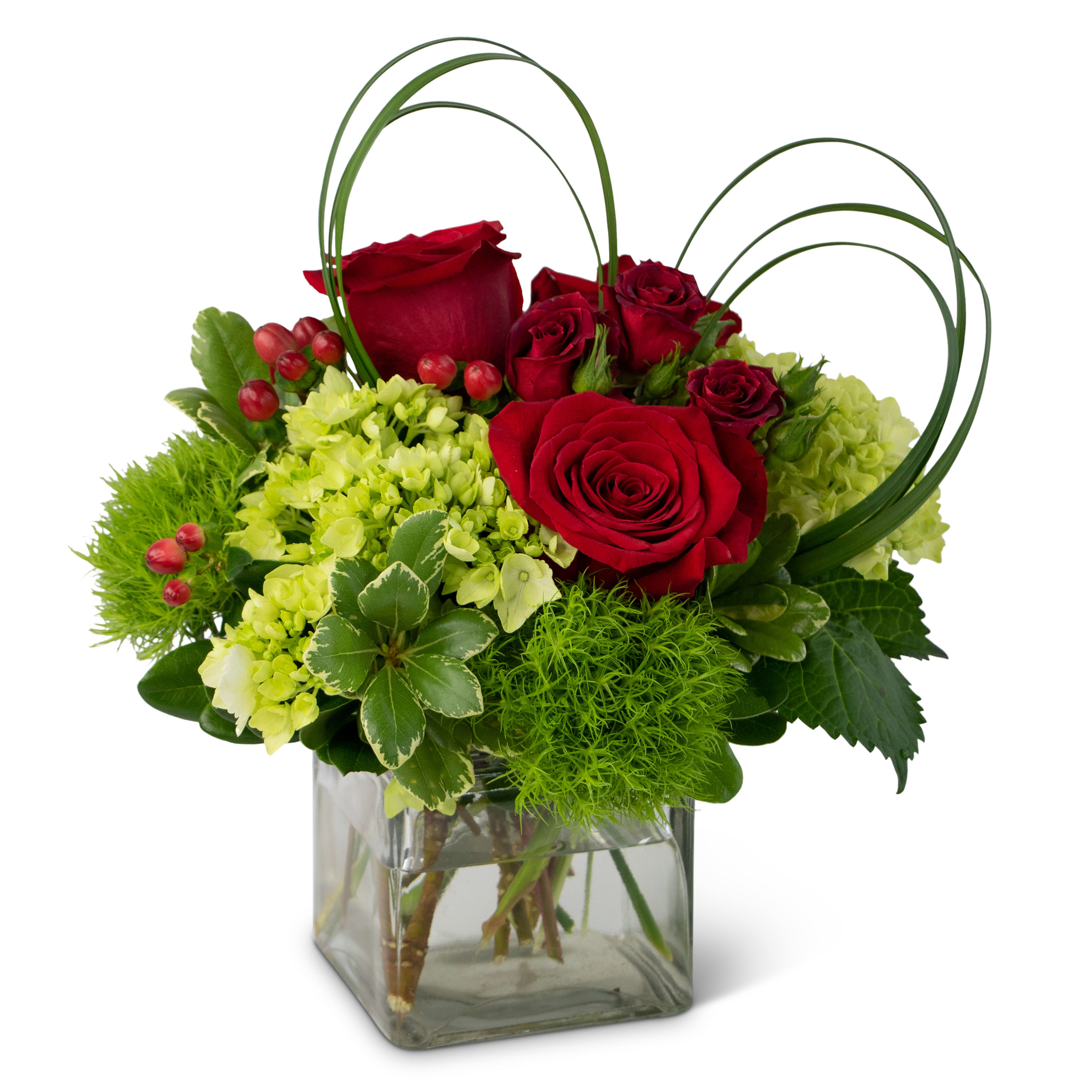 Red roses and green hydrangeas in a square glass vase