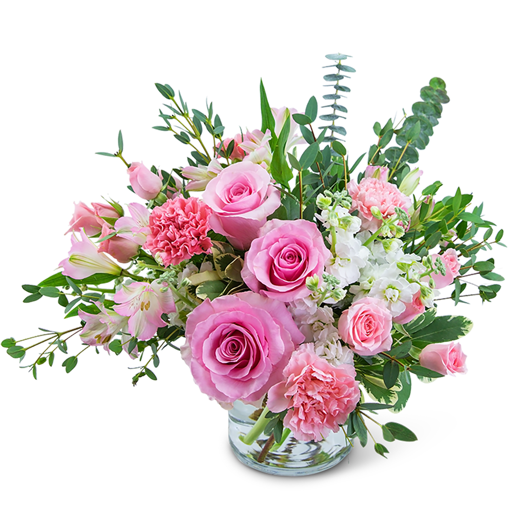 Parisian Love - The soft pinks of this arrangement are as romantic as its namesake. Parisian Love combines roses, alstroemeria, and carnations surrounded by a variety of foliage. It’s the perfect gift for an anniversary, birthday, or just because!
