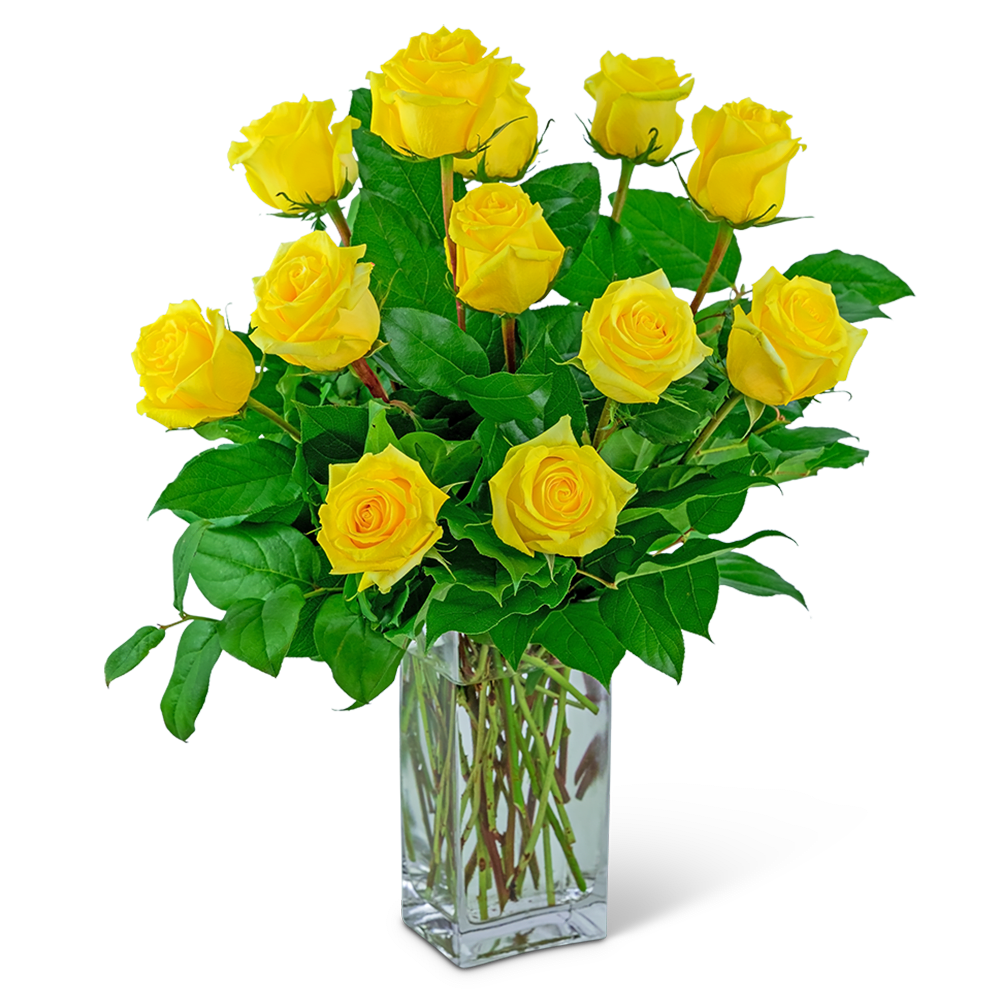 Yellow roses arranged in a clear glass vase