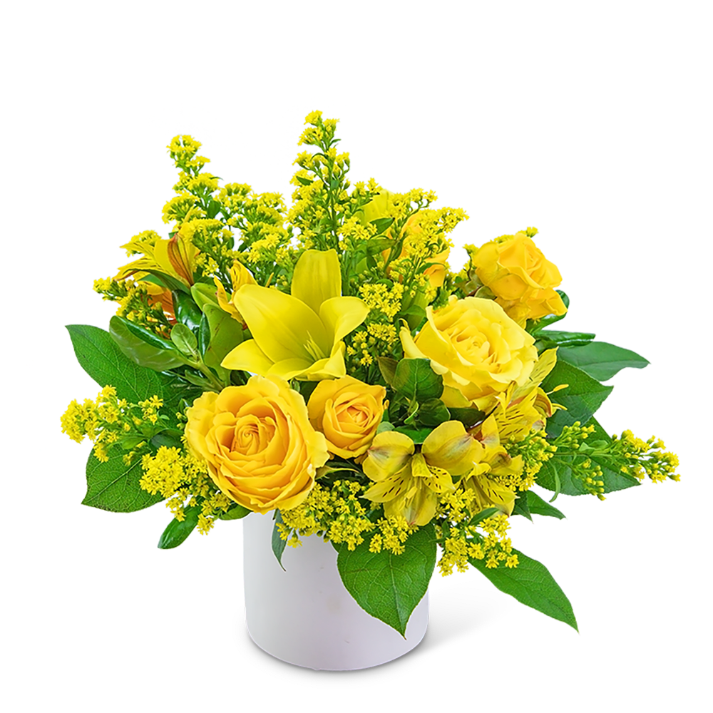 Yellow roses and lilies in a white vase