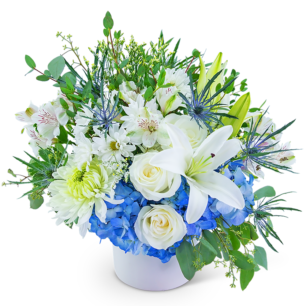 White lilies and roses with blue hydrangeas in a white vase