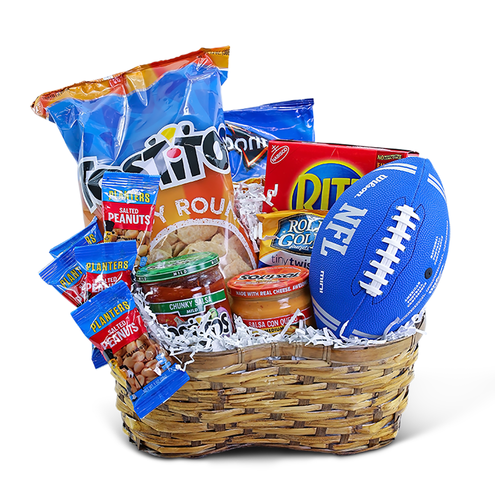 Basket of snack foods with chips, peanuts, salsa, and a toy football