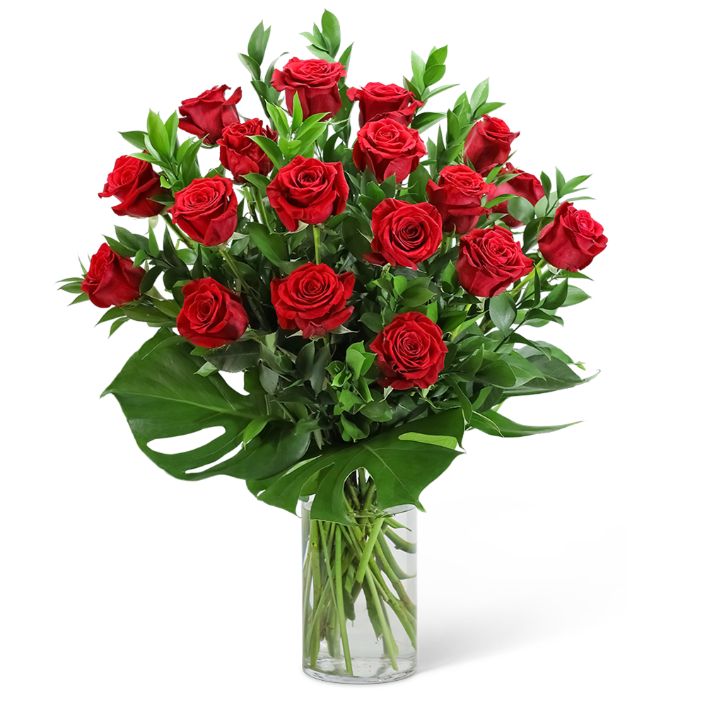 Red roses arranged in a clear glass vase with broad green leaves
