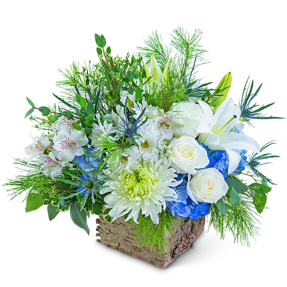 White and blue floral arrangement in a rustic wooden container