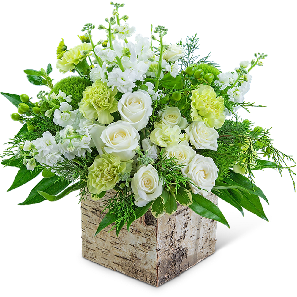 White roses and pale green carnations in a birch box