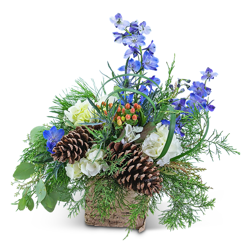 Blue flowers and white blooms in a rustic basket with pinecones