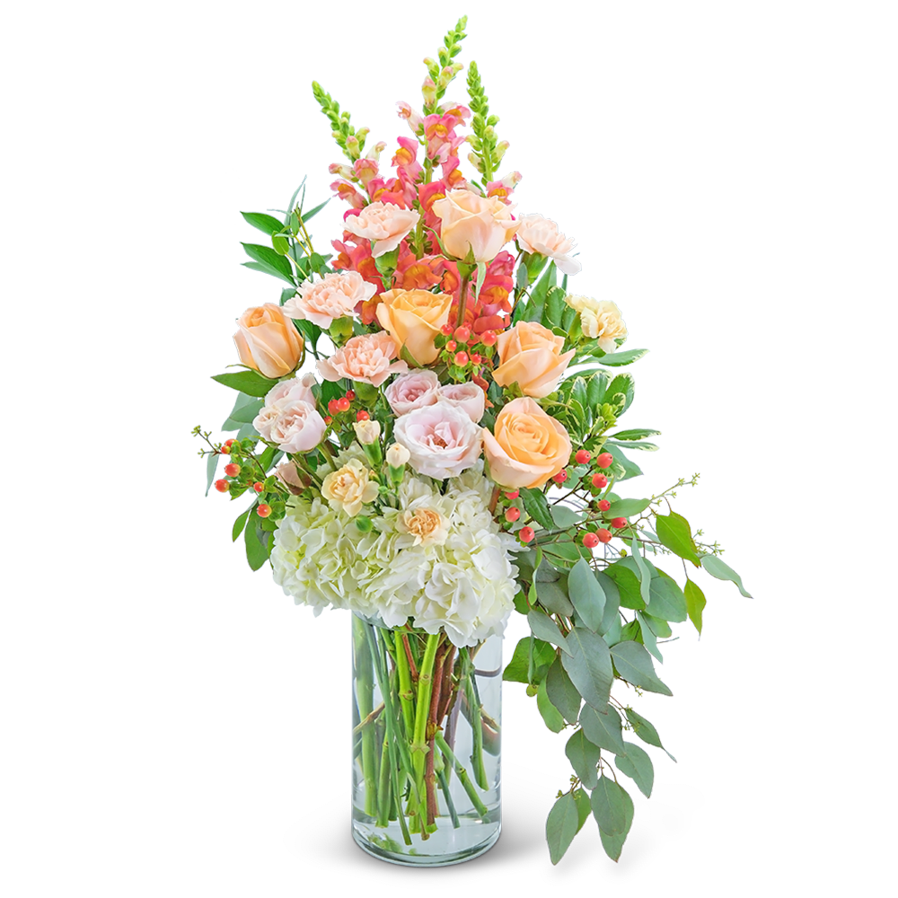 Peach roses and pink snapdragons in a clear glass vase