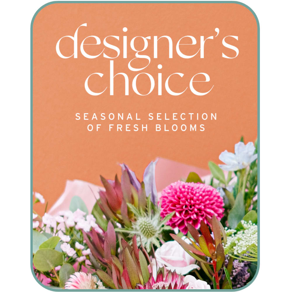Designer’s choice seasonal blooms on an orange card