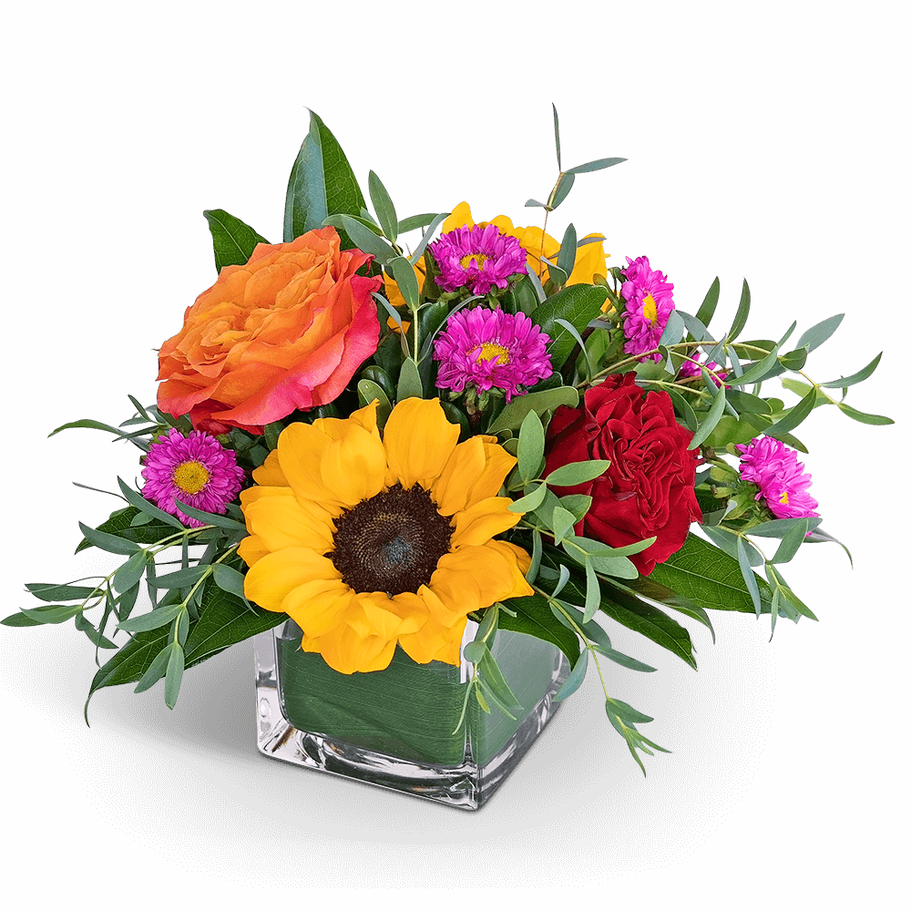 Mixed bouquet with sunflowers, roses, and purple daisies in a glass vase