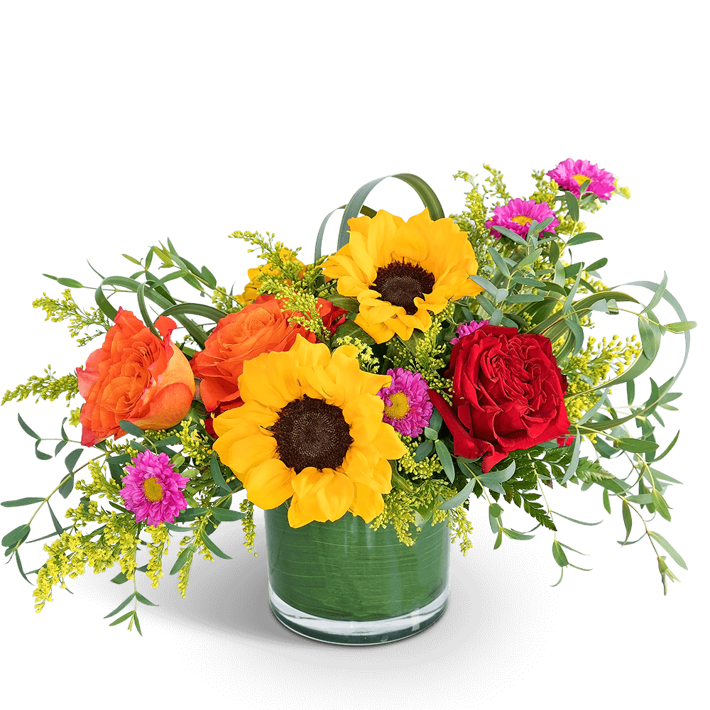 Sunflowers, roses, and purple daisies in a glass vase