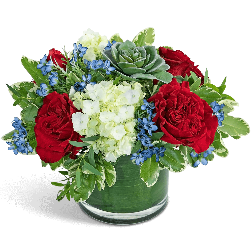 Red roses and white flowers in a glass vase with a succulent accent