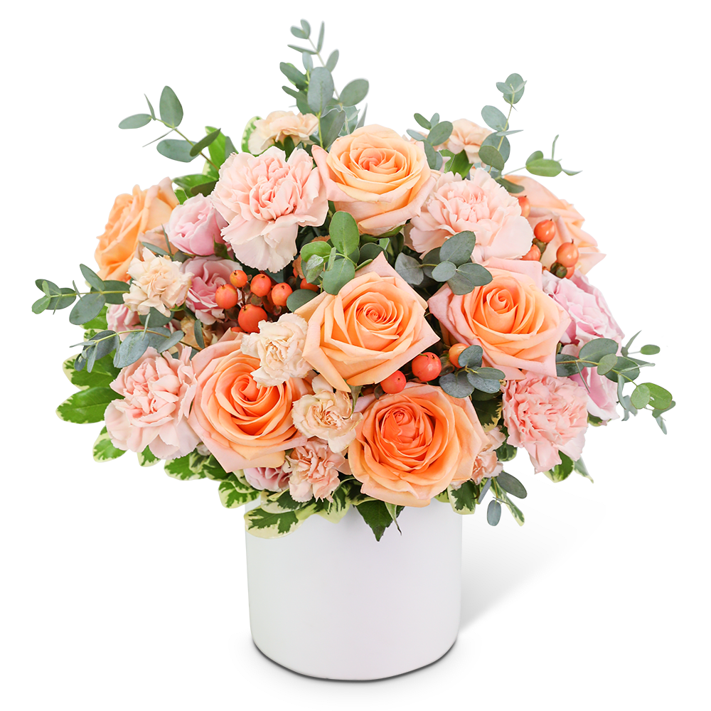 Peach roses and pink carnations in a white vase